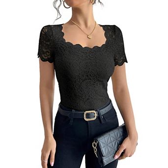Women's Floral Lace Summer Square Neck Shirt Short Sleeve Silm Fit Top Sheer Casual Blouse