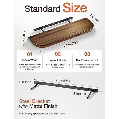 24'' Round Edge Floating Wall Shelf Set with Hidden Brackets Wood Decor 2PC