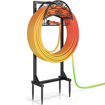 Freestanding Metal Hose Holder with Basket 150FT Heavy Duty Garden Rack