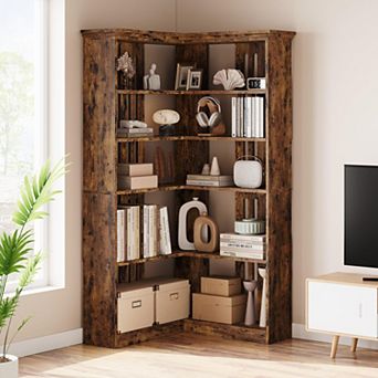 Farmhouse Corner Bookshelf, 5 tier Wood and Metal L Shaped Bookcase with Tall Storage Display Rack