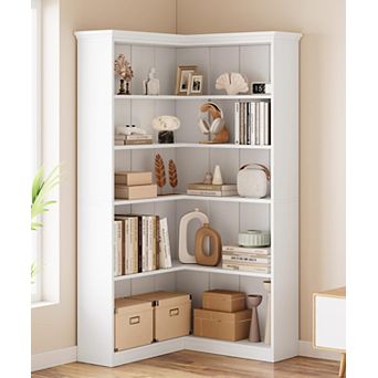 Farmhouse Corner Bookshelf, 5 tier Wood and Metal L Shaped Bookcase with Tall Storage Display Rack