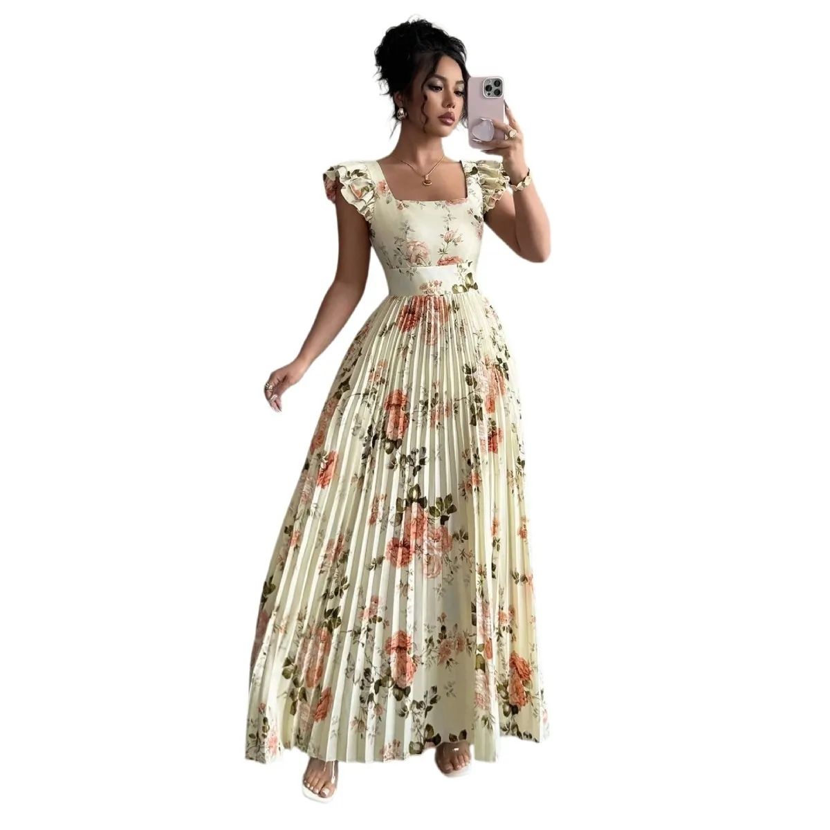 Женские платья Floral Pleated Maxi Dress Square Neck Flowy Summer Long Wedding Guest Dresses for Women