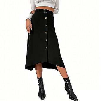 Women's Midi Skirt A Line High Rise Waist Decorative Button Curved Hem Skirts