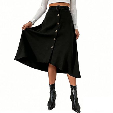 Women's Midi Skirt A Line High Rise Waist Decorative Button Curved Hem Skirts