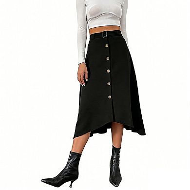 Women's Midi Skirt A Line High Rise Waist Decorative Button Curved Hem Skirts