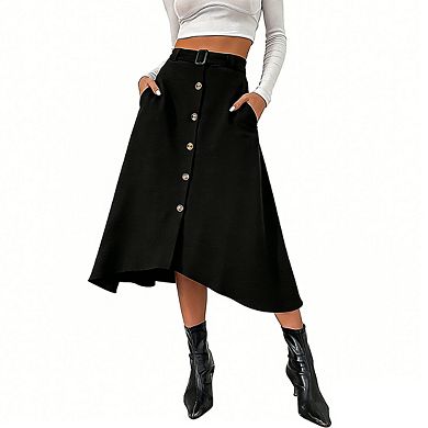 Women's Midi Skirt A Line High Rise Waist Decorative Button Curved Hem Skirts