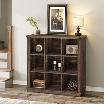 9 Cube Storage Organizer Bookshelf, 4 tier Farmhouse Horizontal Bookcase, Wood Storage Bookcase