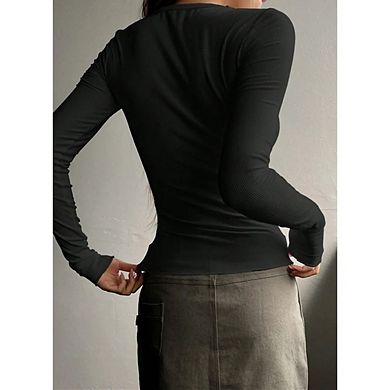 Women's Long Sleeve Henley Tee Shirts Button Ribbed Knit Basic Solid Tops Blouse Casual Outfits