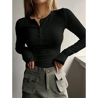 Women's Long Sleeve Henley Tee Shirts Button Ribbed Knit Basic Solid Tops Blouse Casual Outfits