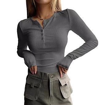 Women's Long Sleeve Henley Tee Shirts Button Ribbed Knit Basic Solid Tops Blouse Casual Outfits