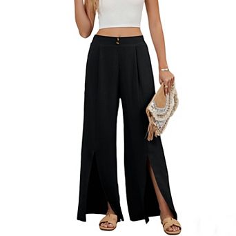 Women's Summer Casual Elastic High-Waisted Wide Leg Straight Long Pants Button Front Split Trousers