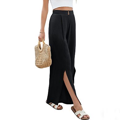 Women's Summer Casual Elastic High-Waisted Wide Leg Straight Long Pants Button Front Split Trousers