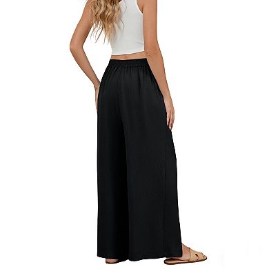 Women's Summer Casual Elastic High-Waisted Wide Leg Straight Long Pants Button Front Split Trousers
