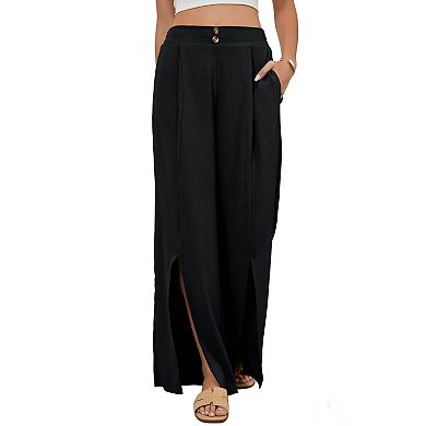 Women's Summer Casual Elastic High-Waisted Wide Leg Straight Long Pants Button Front Split Trousers
