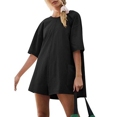 Women's Rompers Short Sleeve Oversized Athletic Workout Reversible Hot Shot Tee Romper Deep Pockets