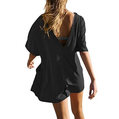 Women's Rompers Short Sleeve Oversized Athletic Workout Reversible Hot Shot Tee Romper Deep Pockets