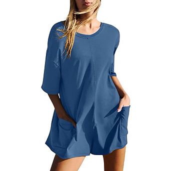 Women's Rompers Short Sleeve Oversized Athletic Workout Reversible Hot Shot Tee Romper Deep Pockets