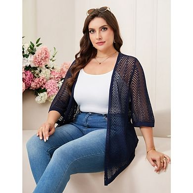 Women's Plus Size Summer Cardigan, Lightweight Casual Knitted Open Front Sweater with 3/4 Sleeves
