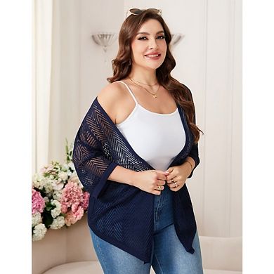 Women's Plus Size Summer Cardigan, Lightweight Casual Knitted Open Front Sweater with 3/4 Sleeves