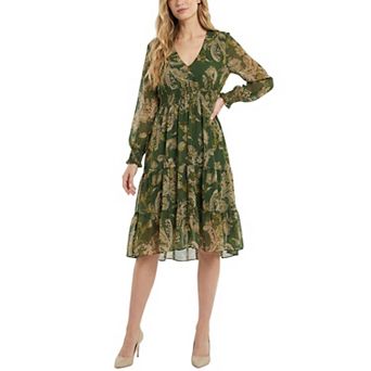 Long Sleeve Clip Dot Chiffon Dress With Smocked Waist and Cuffs