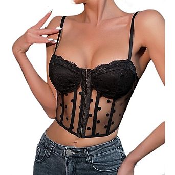 Sleeveless Lace Bustier Mesh Corset Top with Adjustable Straps, Floral Embroidery Crop Cami Rave Top