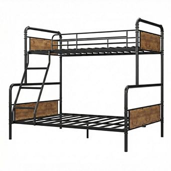 Metal Bunk Bed Twin Over Full Size with Angled Ladder, High Guardrail