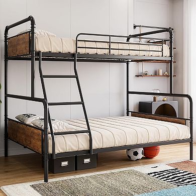 Metal Bunk Bed Twin Over Full Size with Angled Ladder, High Guardrail