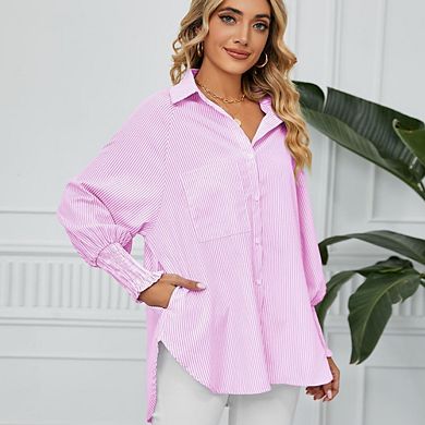 Women Striped Button Down Shirt Long Puff Sleeve Collared Blouse with Pleated Back