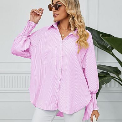 Women Striped Button Down Shirt Long Puff Sleeve Collared Blouse with Pleated Back