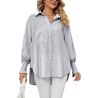 Women Striped Button Down Shirt Long Puff Sleeve Collared Blouse with Pleated Back