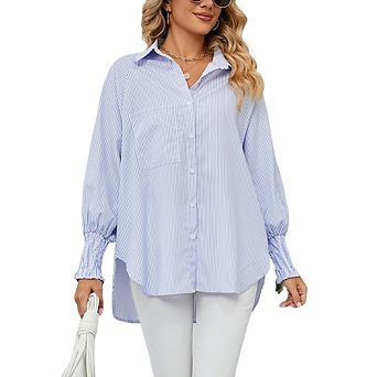 Women Striped Button Down Shirt Long Puff Sleeve Collared Blouse with Pleated Back