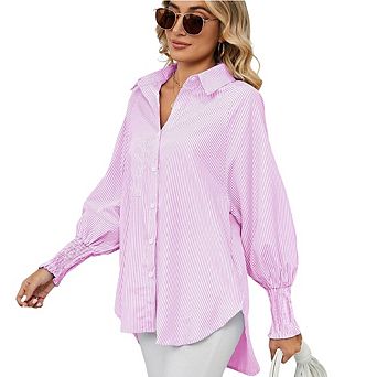 Women Striped Button Down Shirt Long Puff Sleeve Collared Blouse with Pleated Back