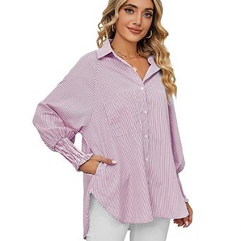 Women Striped Button Down Shirt Long Puff Sleeve Collared Blouse with Pleated Back