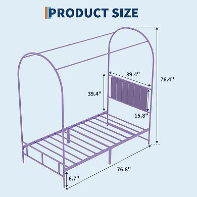 Twin Canopy Bed Frame with Upholstered Headboard,Kids Metal Bed Frame