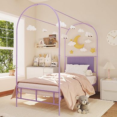 Twin Canopy Bed Frame with Upholstered Headboard,Kids Metal Bed Frame