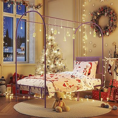 Twin Canopy Bed Frame with Upholstered Headboard,Kids Metal Bed Frame