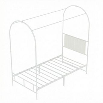 Twin Canopy Bed Frame with Upholstered Headboard,Kids Metal Bed Frame