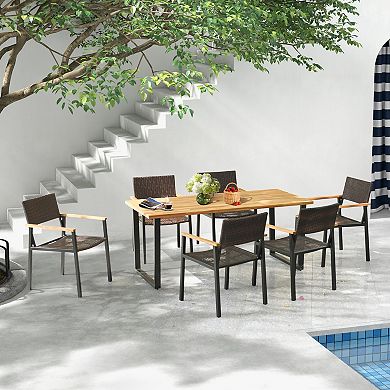 6-Person Acacia Wood Outdoor Dining Table with Umbrella Hole