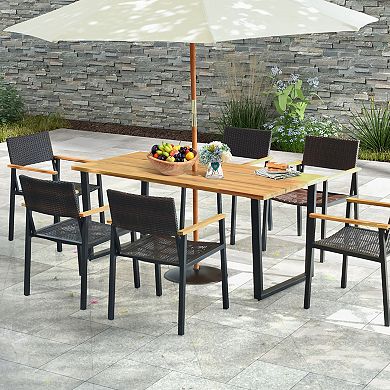 6-Person Acacia Wood Outdoor Dining Table with Umbrella Hole