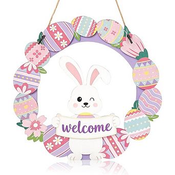 Easter Bunny Wreath Wooden Door Sign Hanging Decor Durable Reusable