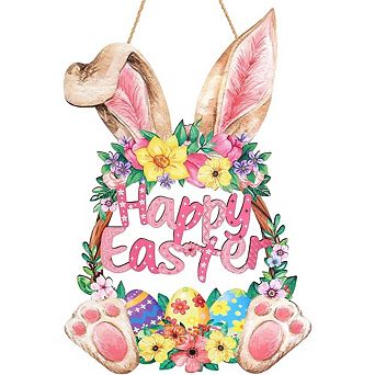 Wooden Bunny Easter Wreath Spring Door Decor with Rabbit Design