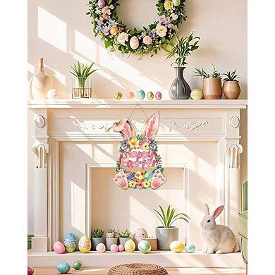 Wooden Bunny Easter Wreath Spring Door Decor with Rabbit Design