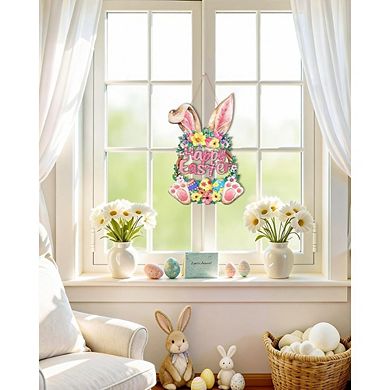 Wooden Bunny Easter Wreath Spring Door Decor with Rabbit Design