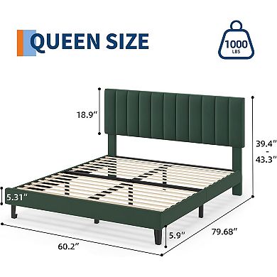 Bed Frame with Adjustable Vertical Channel Tufted Headboard, Velvet Upholstered Platform Bed