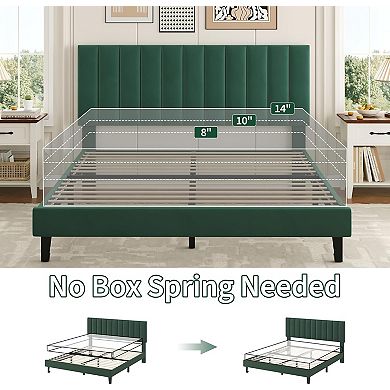 Bed Frame with Adjustable Vertical Channel Tufted Headboard, Velvet Upholstered Platform Bed