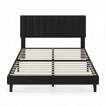 Bed Frame with Adjustable Vertical Channel Tufted Headboard, Velvet Upholstered Platform Bed