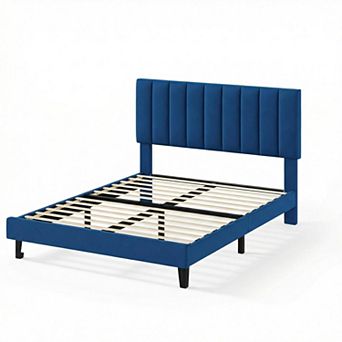 Bed Frame with Adjustable Vertical Channel Tufted Headboard, Velvet Upholstered Platform Bed