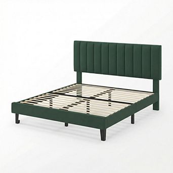 Bed Frame with Adjustable Vertical Channel Tufted Headboard, Velvet Upholstered Platform Bed