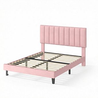 Bed Frame with Adjustable Vertical Channel Tufted Headboard, Velvet Upholstered Platform Bed