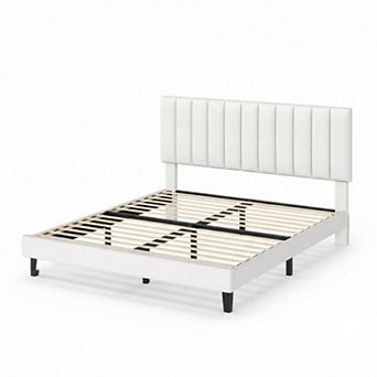 Bed Frame with Adjustable Vertical Channel Tufted Headboard, Velvet Upholstered Platform Bed